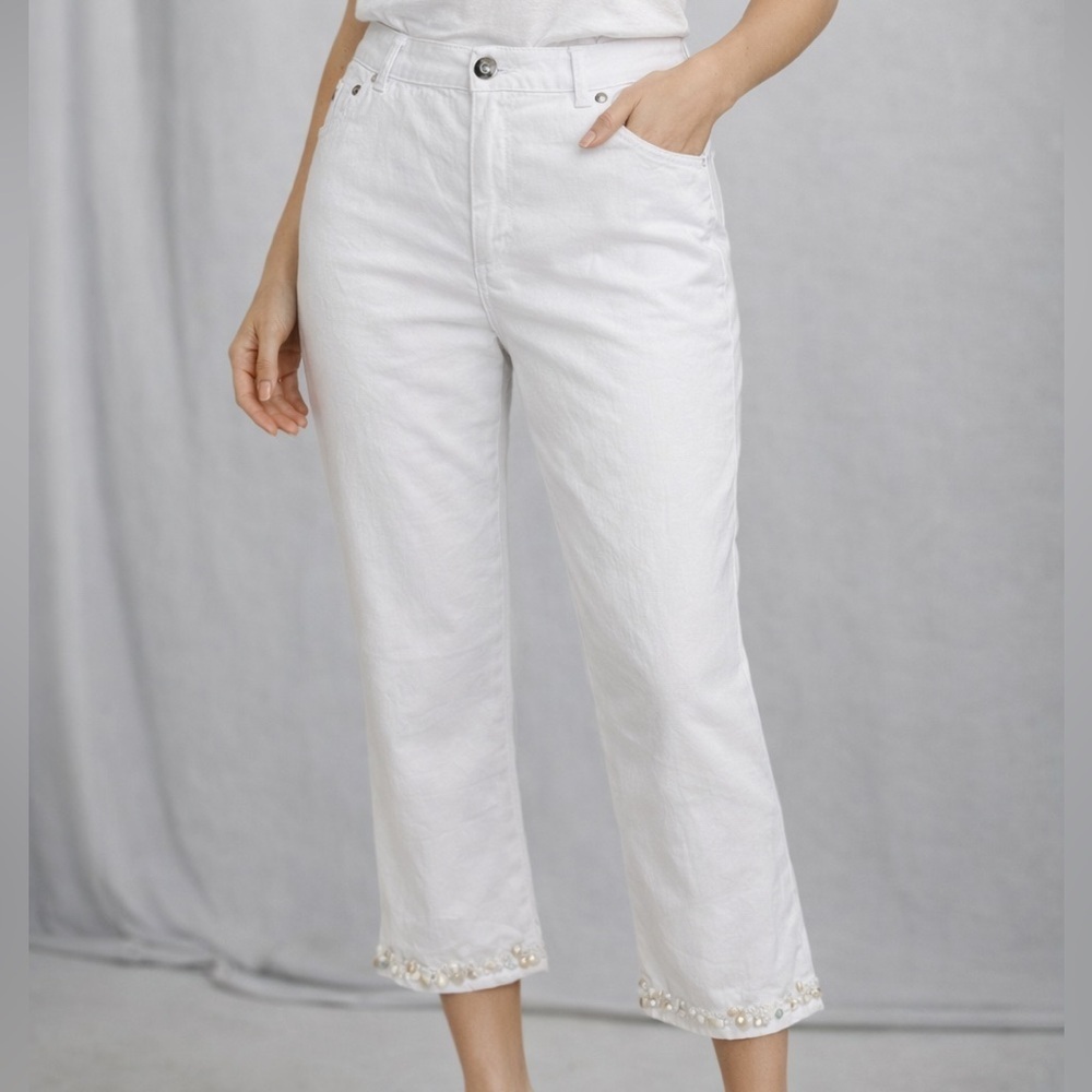 Ruby Rd White Embe4llished Hem Straight Leg Pants Size 14 (1117)